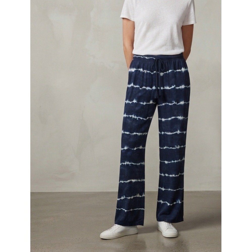 INC Tie Dye Wide Leg Boho Smocked Waist High Rise Navy Blue Pants M